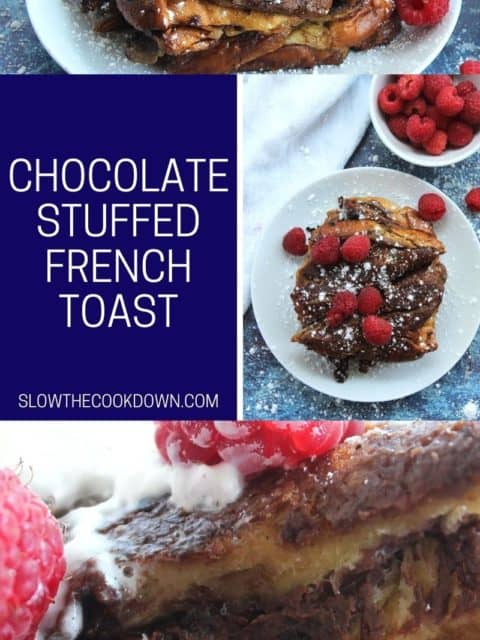 Pinterest graphic. Chocolate stuffed French toast with text.