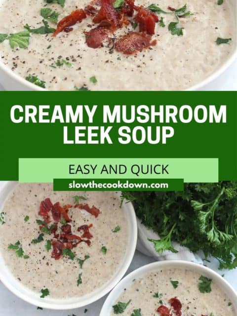 Pinterest graphic. Mushroom leek soup with text.
