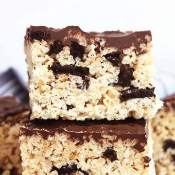 Close up of an oreo rice krispy square stacked on top of another one