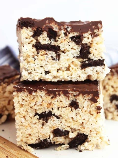 Two oreo rice krispy treats stacked on top of each other.