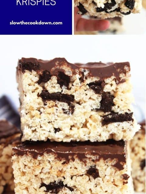 Pinterest graphic. Oreo rice krispies with text