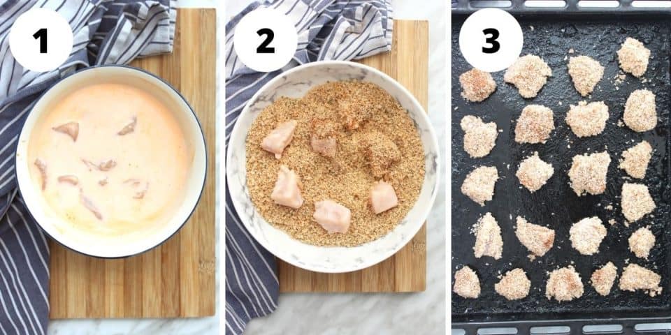 Three photos to show how to marinate and coat the chicken
