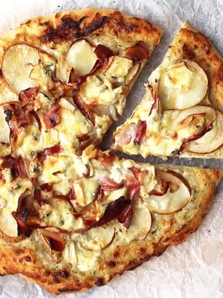 White Pizza Recipe with Pear, Blue Cheese and Pancetta Slow The Cook Down