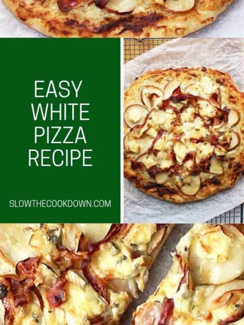 Pinterest graphic. White pizza with text