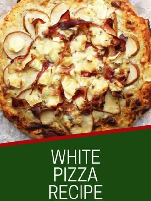 Pinterest graphic. White pizza with text