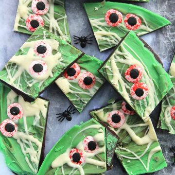 Pieces of halloween bark with candy eyes.