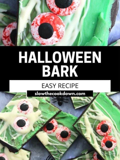Pinterest graphic. Halloween bark with text.