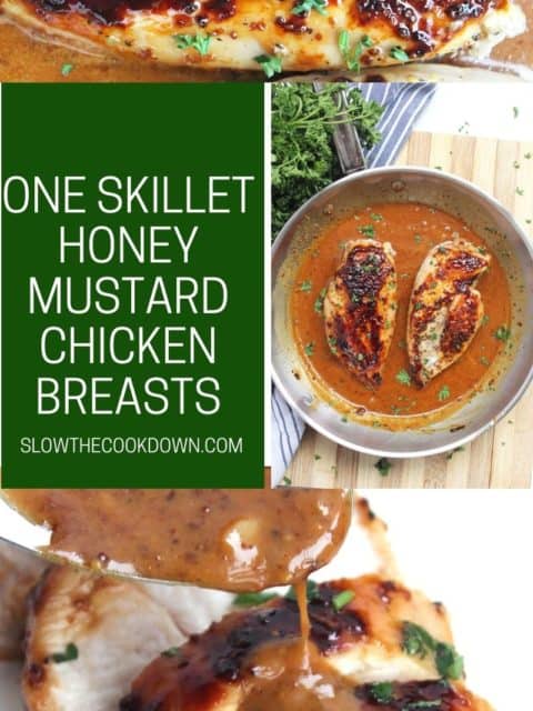 Pinterest graphic. Honey mustard chicken breasts with text.