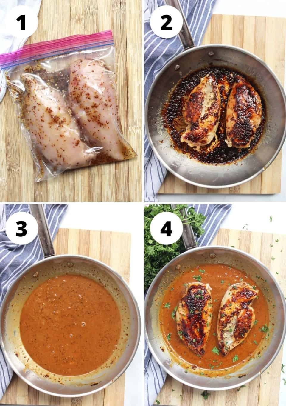 Four process shots to show how to marinate and cook the chicken breasts.