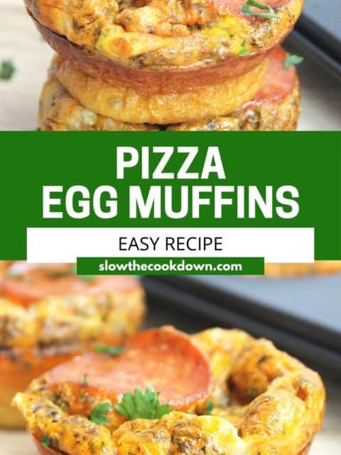 Pinterest image. Pizza egg muffins with text.