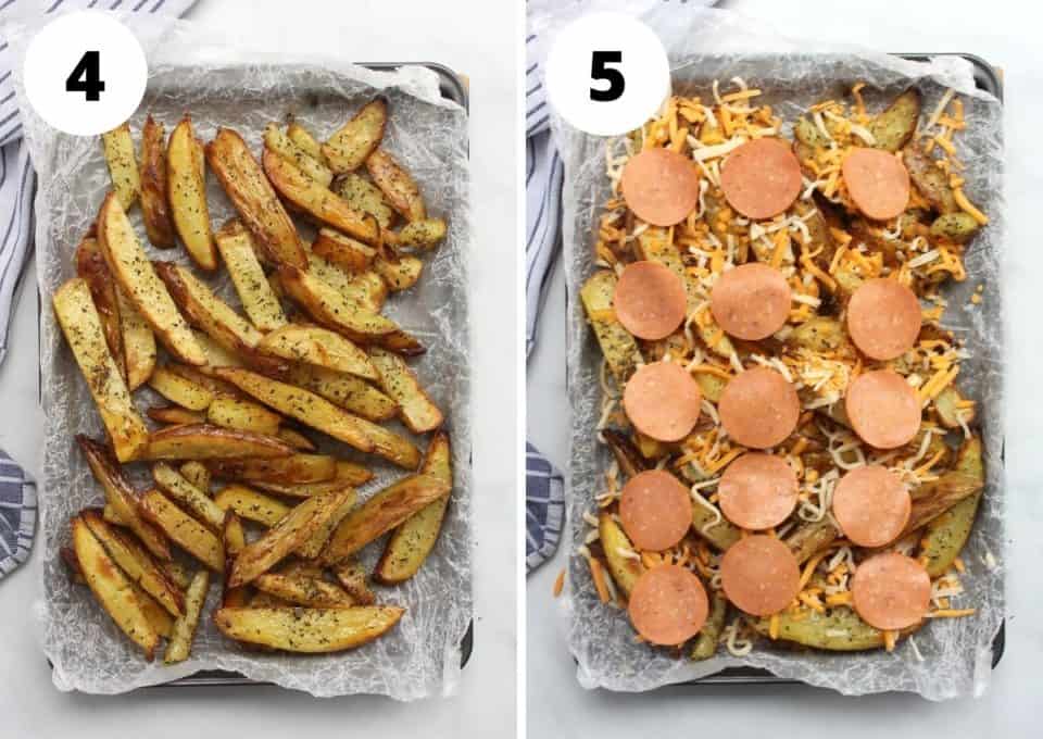 The cooked fries on a sheet pan with the toppings added.
