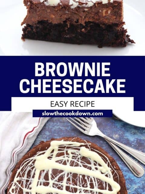Pinterest graphic. Brownie bottomed cheesecake with text.
