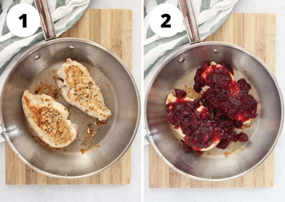 Two step by step photos to show how to cook the chicken in the skillet.