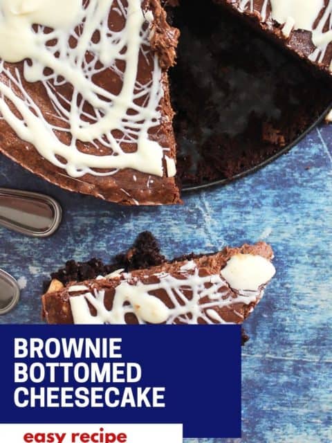 Pinterest graphic. Brownie bottomed cheesecake with text.