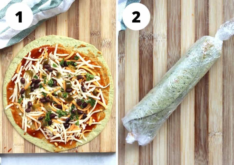 Two photos to show how to fill and roll the tortilla.