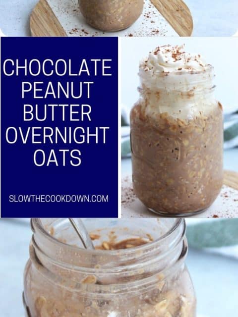 Pinterest graphic. Chocolate peanut butter overnight oats with text.