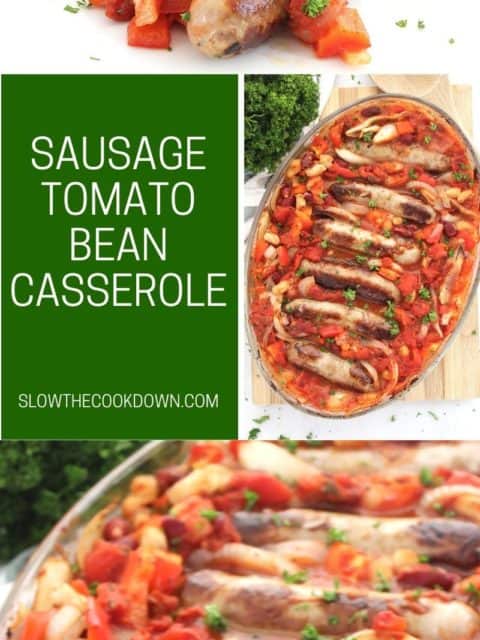 Pinterest graphic. Sausage and bean casserole with text.