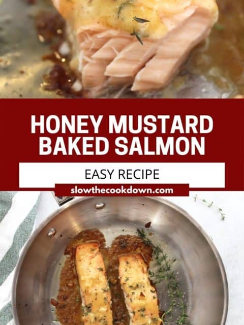 Pinterest graphic. Baked honey mustard salmon with text.