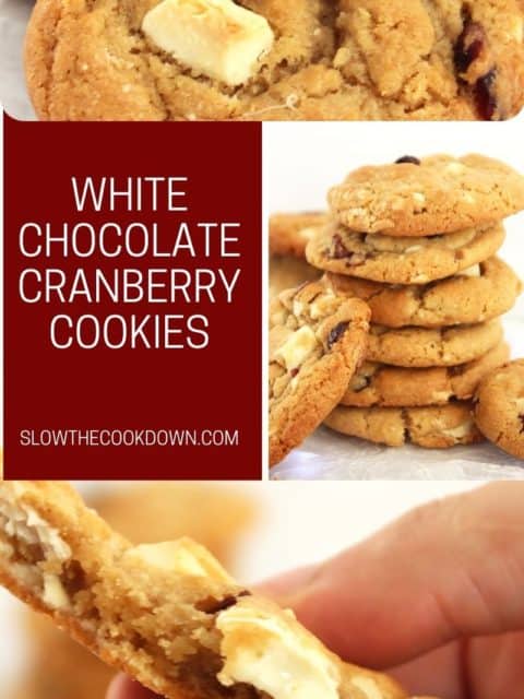 Pinterest graphic. White chocolate cranberry cookies with text.