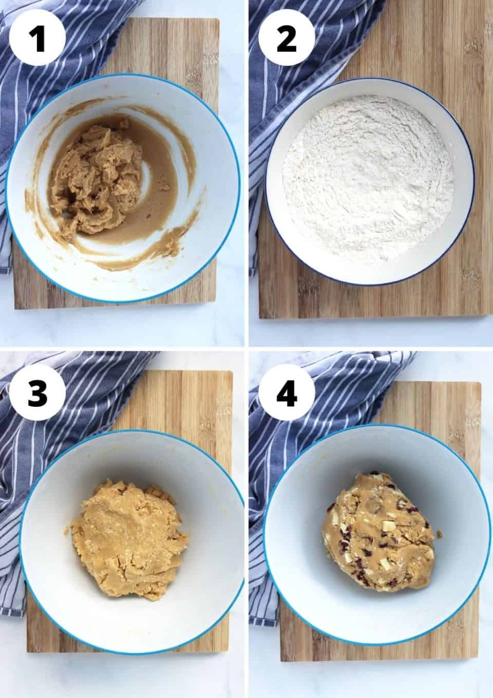 Four step by step photos to show how to make the cookie dough.