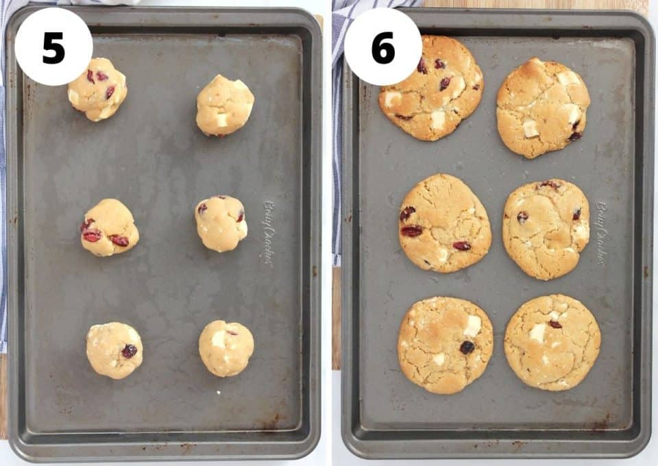 Cookie balls on a baking sheet before and after being baked.