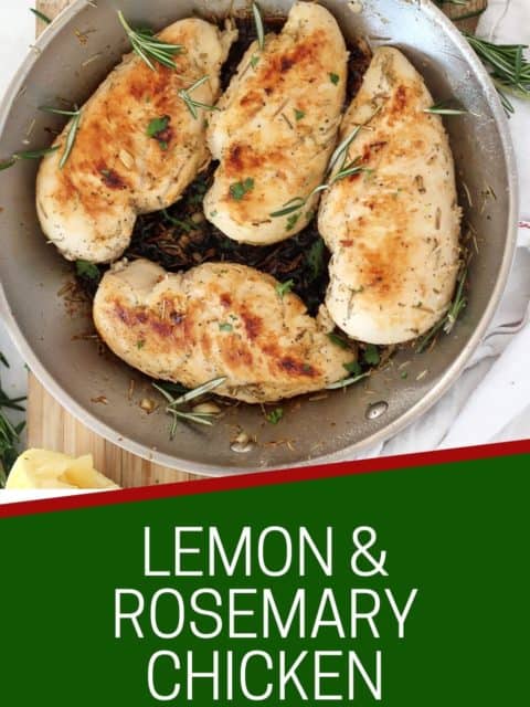 Pinterest graphic. Lemon rosemary chicken breasts with text.