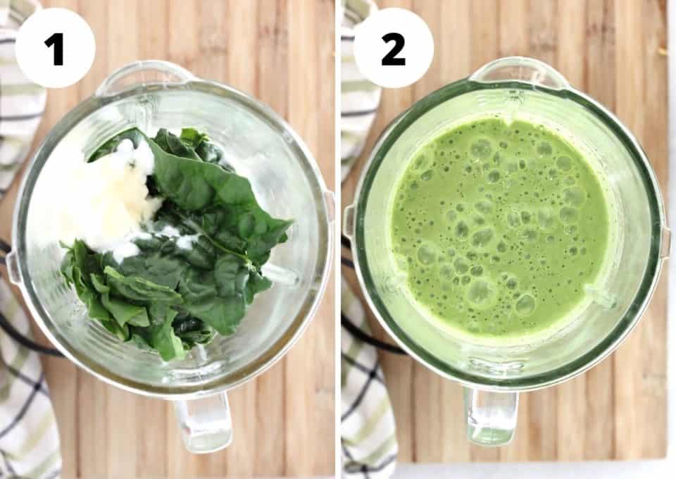 Two step by step shots to show how to make the smoothie in a blender.