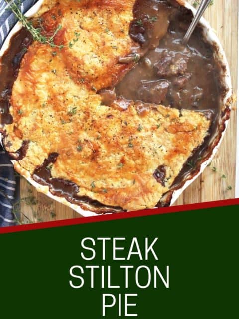 Pinterest graphic. Steak and stilton pie with text.