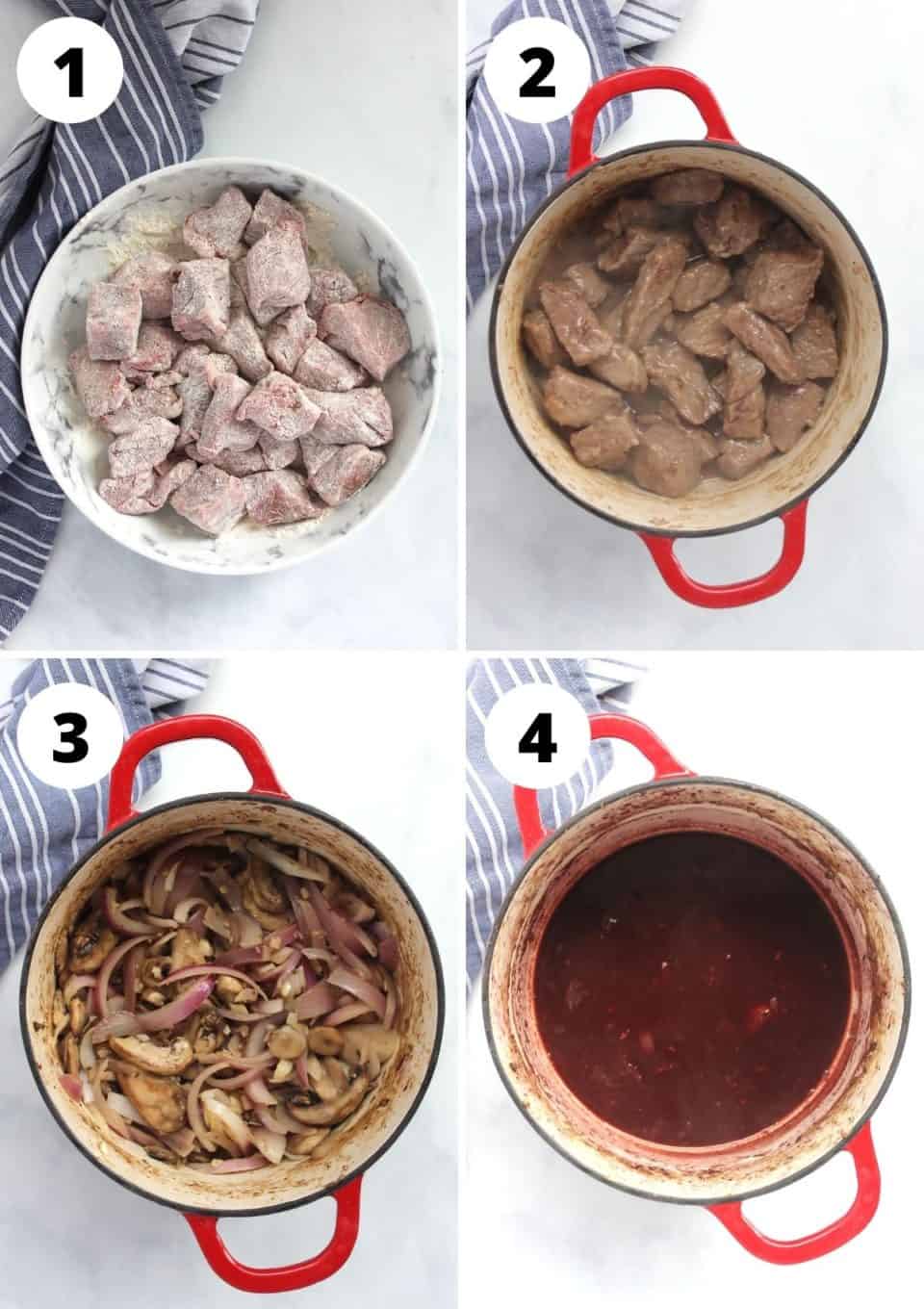 Four step by step photos to show how to make the pie filling.