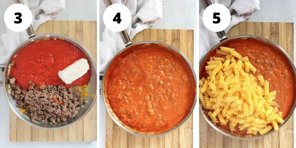 Three step by step photos to show how to make the pasta sauce and stirring in the pasta.