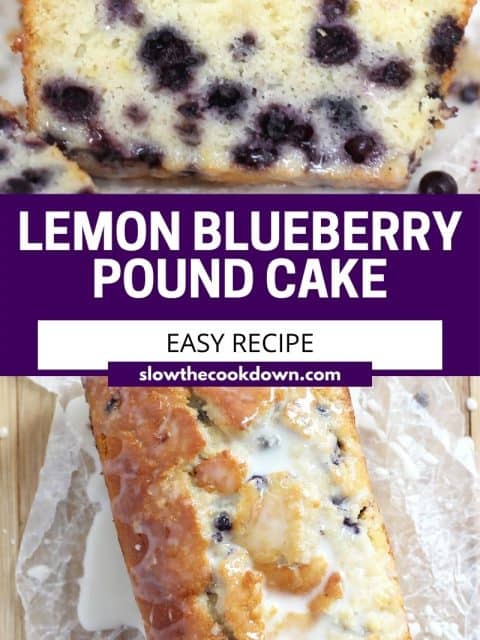 Pinterest graphic. Lemon blueberry pound cake with text.