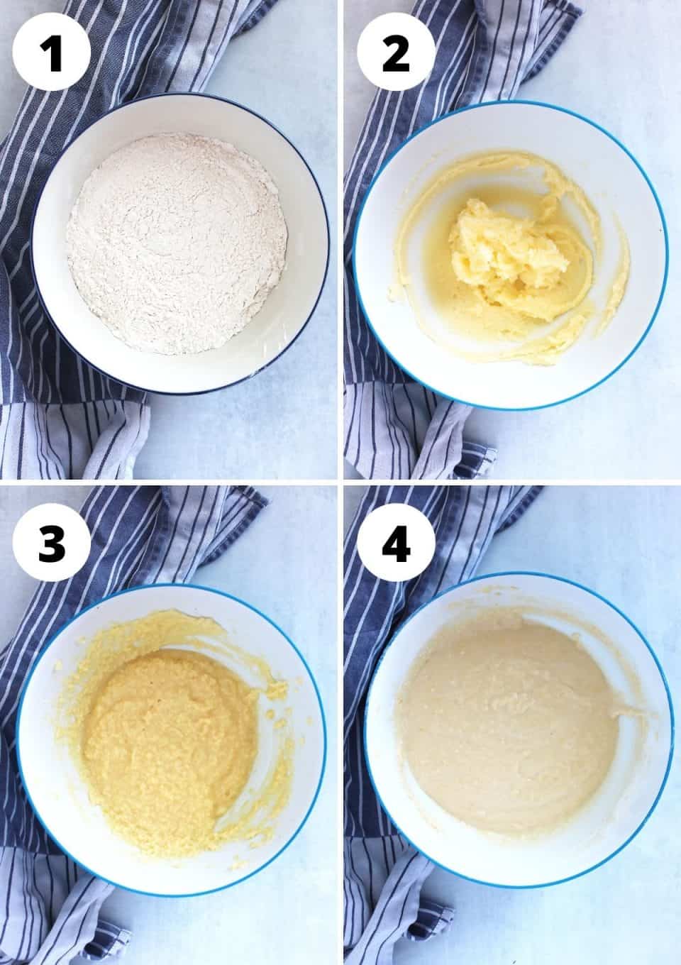 Four step by step photos to show how to make the pound cake batter.