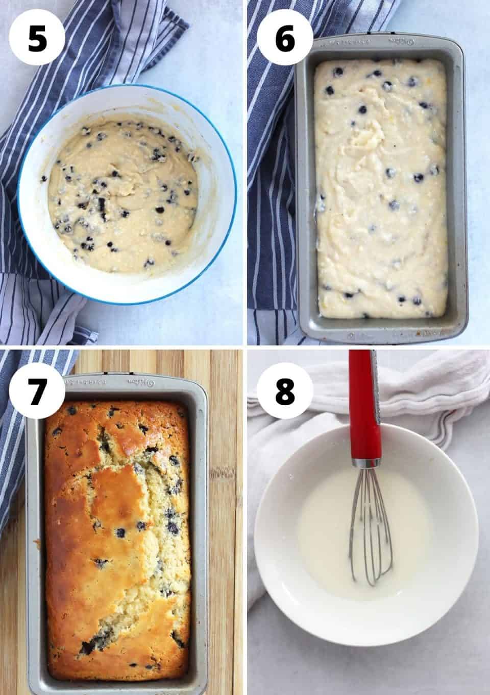Four step by step photos to show the cake before and after baking and the lemon glaze in a bowl.