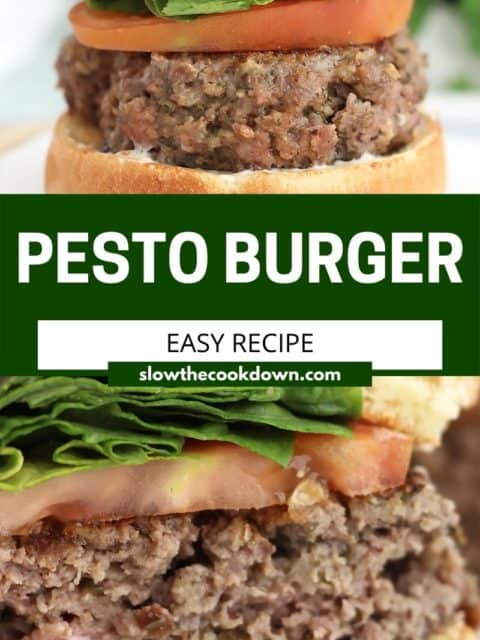 Pinterest graphic. Pesto burger with text.