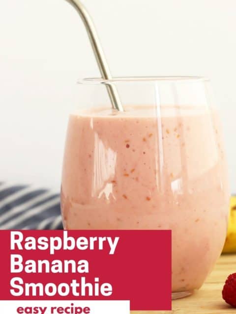 Pinterest graphic. Raspberry banana smoothie with text.