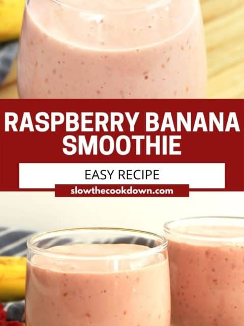 Pinterest graphic. Raspberry banana smoothie with text.