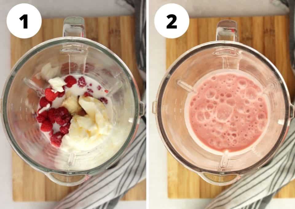 Two step by step shots to show how to make the smoothie in a blender.