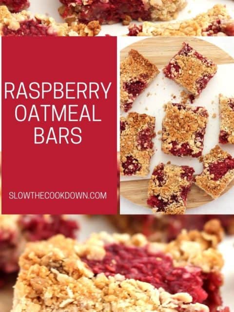 Pinterest graphic. Raspberry oatmeal bars with text.