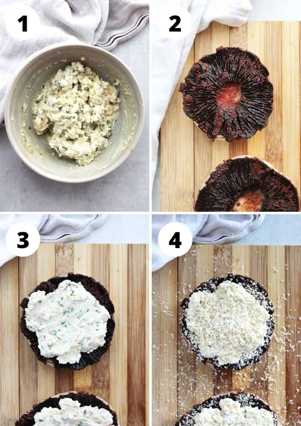 Four step by step photos to show how to make the filling and stuff the mushrooms.