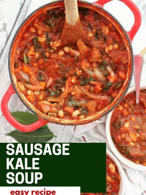 Pinterest graphic. Sausage and kale soup with text.