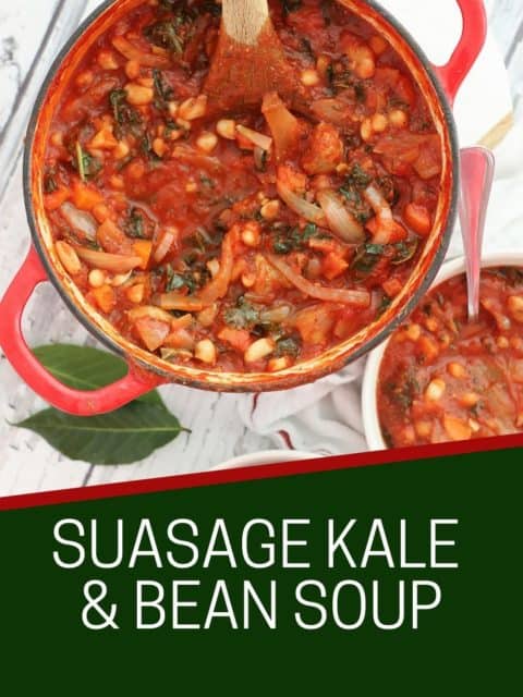Pinterest graphic. Sausage and kale soup with text.