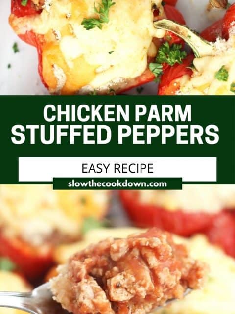 Pinterest graphic. Chicken parmesan stuffed peppers with text