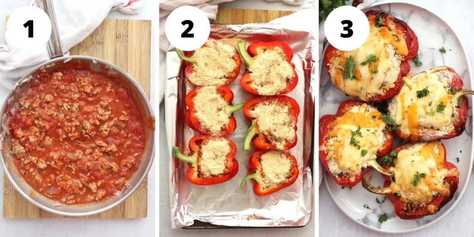 Three step by step shots to show how to make the stuffed peppers.