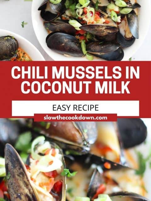 Pinterest graphic. Chili mussels with text.