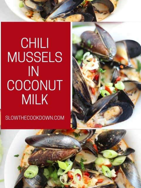 Pinterest graphic. Chili mussels with text.
