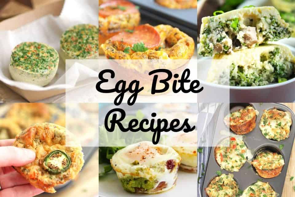 Six photos of egg bite recipes with a text overlay.