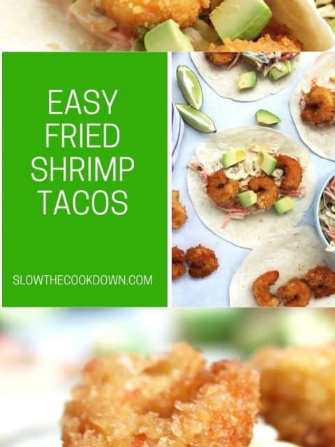 Pinterest graphic. Fried shrimp tacos with text.
