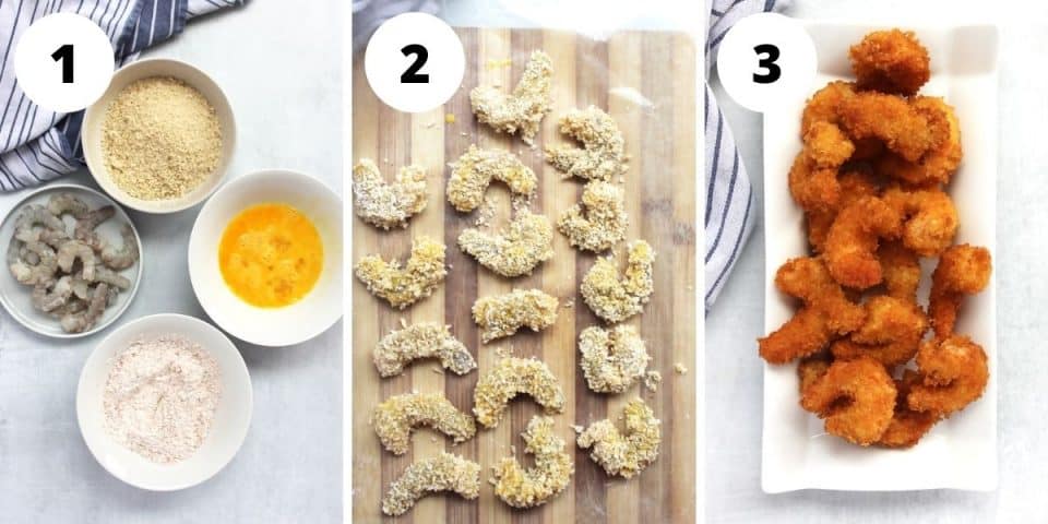 Three step by step photos to show how to bread and fry the shrimp.