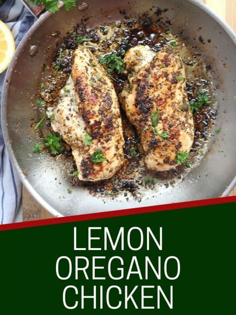 Pinterest graphic. Lemon oregano chicken with text.