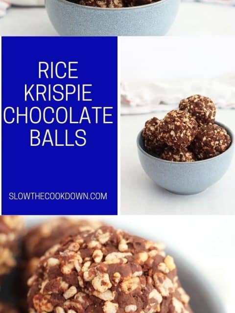 Pinterest graphic. Rice krispie chocolate balls with text.